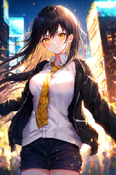 1girl, extremly detailed, ((Cinematic lighting)), ((glowing)), ((dramatic lighting)), ((beautiful detailed glow)), intricate detail, dark intense shadows, finely detailed beautiful face and eyes, overexposure, Medium black hair, black jacket, floating hair, yellow eyes, glowing eyes, large breasts, white shirt, open jacket, yellow necktie, cowboy shot, black skirt, fluttering clothes, city, spotlight