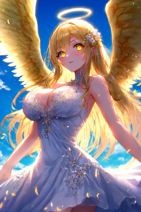 1girl, extremly detailed, ((Cinematic lighting)), ((glowing)), ((dramatic lighting)), ((beautiful detailed glow)), intricate detail, finely detailed beautiful face and eyes, overexposure, long blonde hair, flutterimg hair, halo, white dress, upper body, large breasts, cleavage, fluttering dress, white wings , blue sky, detailed clouds, from below, yellow eyes, sunshine, glowing eyes,