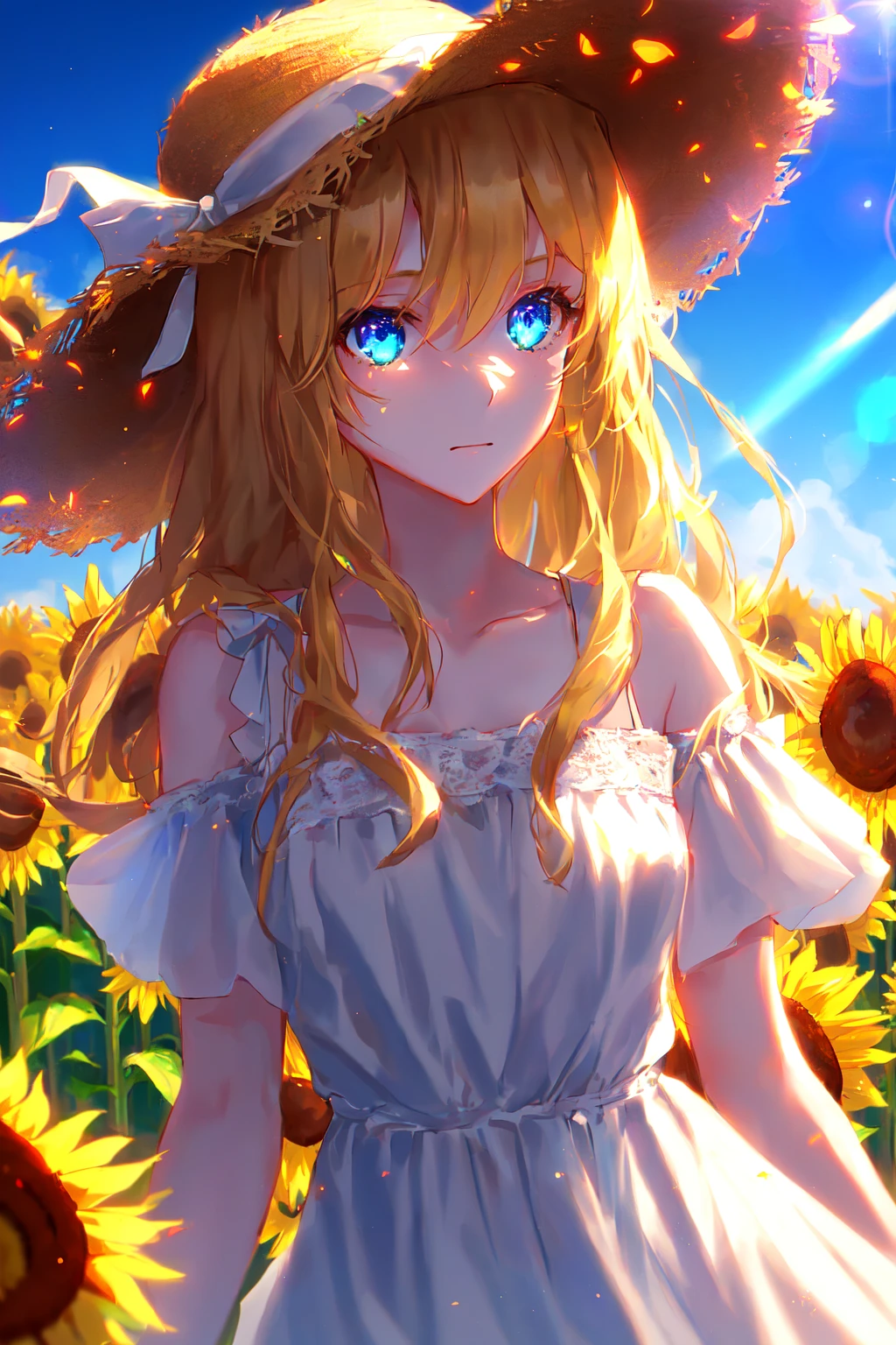 1girl,masterpiece,extremly detailed, ((Cinematic lighting)), ((glowing)), ((dramatic lighting)), ((beautiful detailed glow)),lens flare, long blonde hair, blue eyes, upper body, straw hat, white dress, sunflower at background