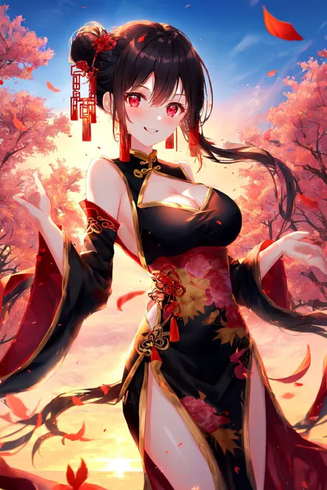 1girl,extremly detailed, ((Cinematic lighting)), ((glowing)), ((dramatic lighting)), ((beautiful detailed glow)), intricate detail, lens flare,  black hair, large breasts, chinese clothes, black dress, cleavage, bare shoulders, frills, long sleeves, hidden hands, ((updo)), red eyes, smile, pink lips, cowboy shot, falling maple leaf, red embroidery,chinese traditional structures, gradient sky, sunrise, backlighting, mature female, sharp eyes