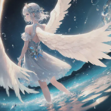 illustration, (1girl, angel, silver_hair, angel wings from the back, standing on water), (looking at viewer, panorama, reflection water surface), (fisheye lens, intricate, Cinematic lighting, glowing, dramatic lighting, beautiful detailed glow, radiant, best quality)