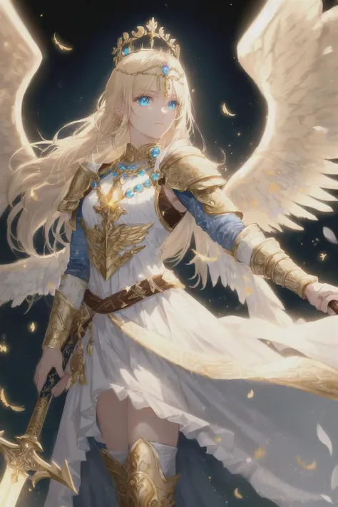 photography, (valkyrie_girl, face in profile, blue_eyes, platinum blonde long hair, glowing little light wings, gold tiara with small wings, one-piece style ancient, white clothing with long skirt with a narrow slit, ancient soldier knee-high boots, glowing long sword), (fantasy, norse, mythology), (intricate, Cinematic lighting, glowing, dramatic lighting, beautiful detailed glow, masterpiece, best quality)