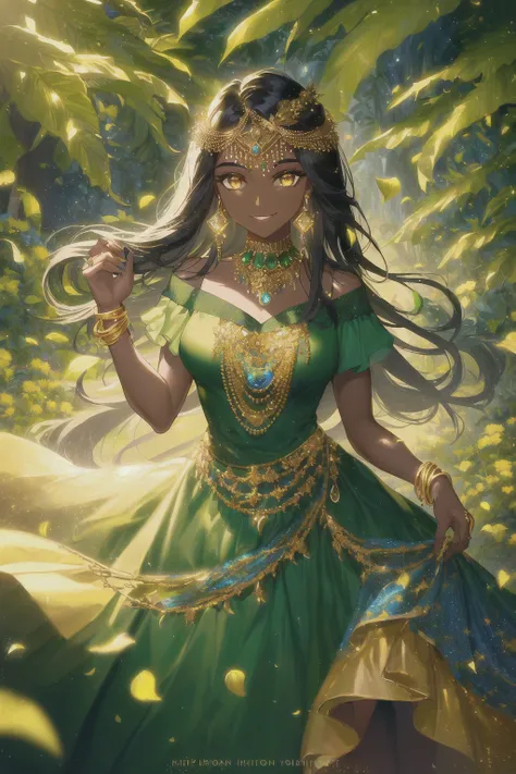 oil paiting, (woman, dark skin, gold_eyes, black long hair, in green luxury_dress, blue and gold jewelry, locking at viewer, sidelocks, smiling), (botanical, stair, leaf, flower background), (intricate, Cinematic lighting, glowing, dramatic lighting, beautiful detailed glow, masterpiece, best quality)