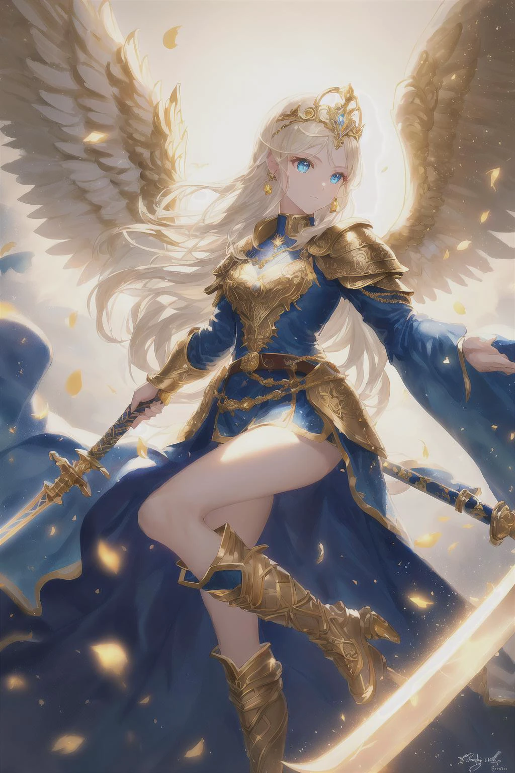 photography, (valkyrie_girl, face in profile, blue_eyes, platinum blonde long hair, glowing little light wings, gold tiara with small wings, one-piece style ancient, white clothing with long skirt with a narrow slit, ancient soldier knee-high boots, glowing long sword), (fantasy, norse, mythology), (intricate, Cinematic lighting, glowing, dramatic lighting, beautiful detailed glow, masterpiece, best quality)