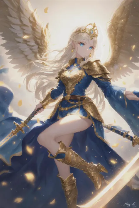 photography, (valkyrie_girl, face in profile, blue_eyes, platinum blonde long hair, glowing little light wings, gold tiara with small wings, one-piece style ancient, white clothing with long skirt with a narrow slit, ancient soldier knee-high boots, glowing long sword), (fantasy, norse, mythology), (intricate, Cinematic lighting, glowing, dramatic lighting, beautiful detailed glow, masterpiece, best quality)