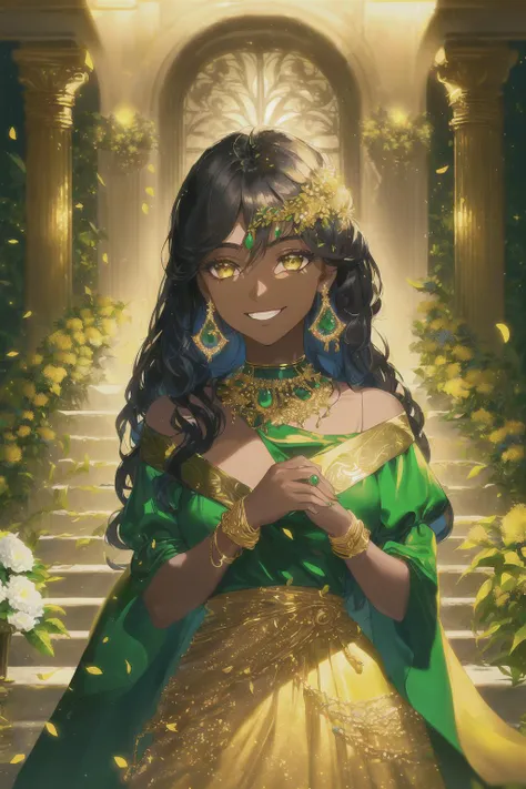 oil paiting, (woman, dark skin, gold_eyes, black long hair, in green luxury_dress, blue and gold jewelry, locking at viewer, sidelocks, smiling), (botanical, stair, leaf, flower background), (intricate, Cinematic lighting, glowing, dramatic lighting, beautiful detailed glow, masterpiece, best quality)