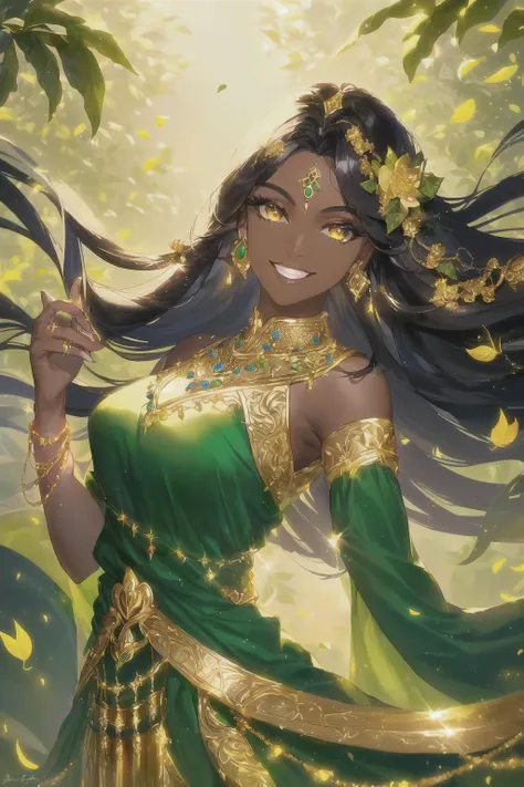 oil paiting, (woman, dark skin, gold_eyes, black long hair, in green luxury_dress, blue and gold jewelry, locking at viewer, sidelocks, smiling), (botanical, stair, leaf, flower background), (intricate, Cinematic lighting, glowing, dramatic lighting, beautiful detailed glow, masterpiece, best quality)