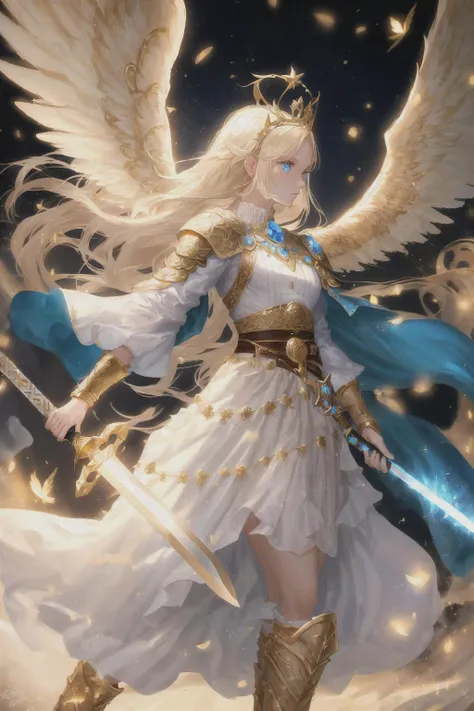 photography, (valkyrie_girl, face in profile, blue_eyes, platinum blonde long hair, glowing little light wings, gold tiara with small wings, one-piece style ancient, white clothing with long skirt with a narrow slit, ancient soldier knee-high boots, glowing long sword), (fantasy, norse, mythology), (intricate, Cinematic lighting, glowing, dramatic lighting, beautiful detailed glow, masterpiece, best quality)