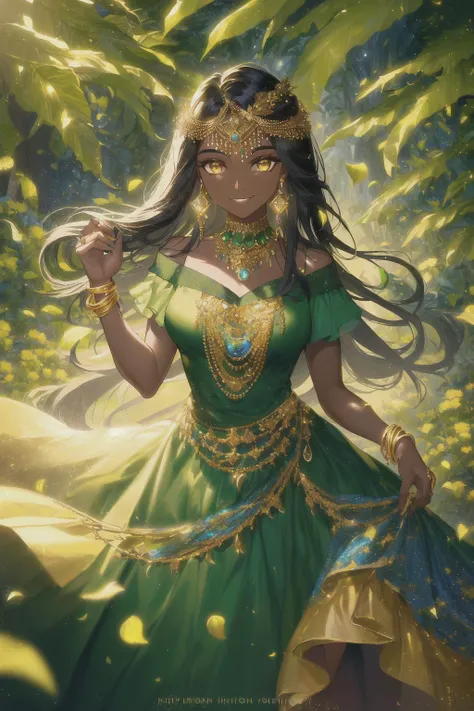 oil paiting, (woman, dark skin, gold_eyes, black long hair, in green luxury_dress, blue and gold jewelry, locking at viewer, sidelocks, smiling), (botanical, stair, leaf, flower background), (intricate, Cinematic lighting, glowing, dramatic lighting, beautiful detailed glow, masterpiece, best quality)