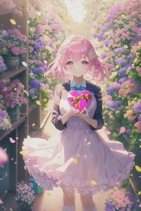 digital art, (young girl, pink_hair with flower ornament, ruffled dress school uniform, holding gift box, heart shape, ), (open_corridor, colorful flowers in the background, sunny day), (flushed_cheeks, shy_smile, intricate, Cinematic lighting, glowing, dramatic lighting, beautiful detailed glow)