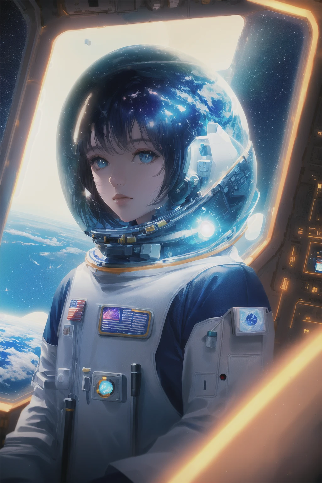digital art, (beautiful woman, astronaut clothes), (floating inside a spaceship, window with view of the earth in the background), (intricate, Cinematic lighting, glowing, dramatic lighting, beautiful detailed glow)