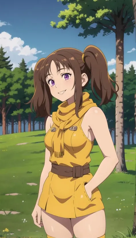 1girl, <lora:Diane:1> Brown twin-tails, smiling, purple eyes, yellow scarf, light skin, content expression, forest, grass, tree, standing