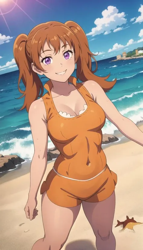 1girl, <lora:Diane:1> Brown twin-tails, smiling, purple eyes, orange sleeveless outfit, light skin, content expression, ocean, sand, sun, standing