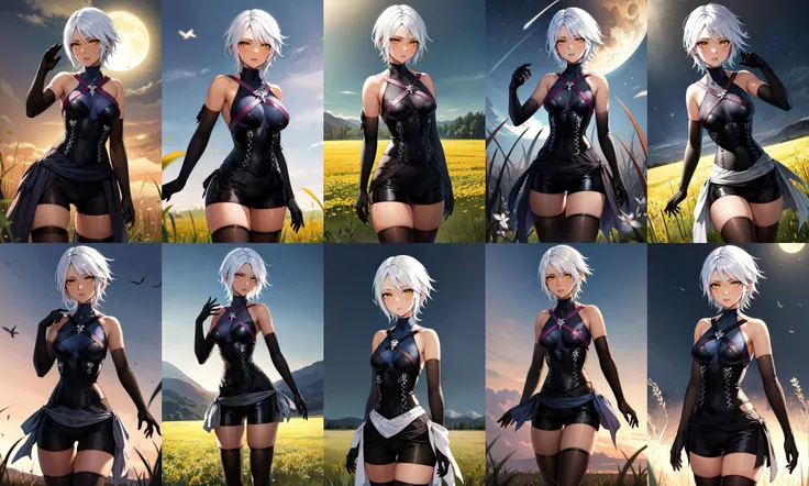 masterpiece, best quality, highres, bbaqua, short hair, white hair, yellow eyes, medium breasts, dark skin, bare shoulders, black shirt, harness, corset, elbow gloves, black gloves, black shorts, black thighhighs, <lora:aqua_(kingdom_heart)_v1:0.7>, night, field, standing, cowboy shot,