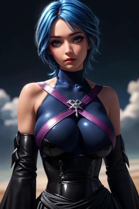 (ultra realistic,32k,RAW photo:1.1),(high detailed skin:1.1), 8k uhd, dslr, high quality, film grain, (makeup, mascara:1.1), lips,(thick\lips\), 
(shiny glossy translucent clothing:1.1), <lora:aqua_(kingdom_heart)_v1:0.7>aaaqua, short hair, blue hair, blue eyes, medium breasts, turtleneck, harness, blue shirt, detached sleeves, corset, black shorts, waist cape, black thighhighs, <lora:add_detail:0.81>, huge breast, (upper body:1.2)
Sitting cross-legged, 
 (busty:1.1) ,  (chubby:0.1),(ambient lighting:1.2),<lora:LowRA:0.4>, dark theme, waterfront restaurant, scenic views, fresh seafood, dining