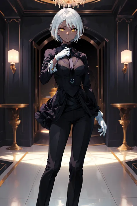 masterpiece,best quality,1girl,bbaqua,short hair,white hair,yellow eyes,dark skin,(tuxedo,white gloves,black business suit,necktie,black pants),medium breasts,wide hips,expressionless,standing,adjusting clothes,luxury villa interior,<lora:CHAR-Kingdom Hearts-Aqua_v1-h_madoka:0.7>,