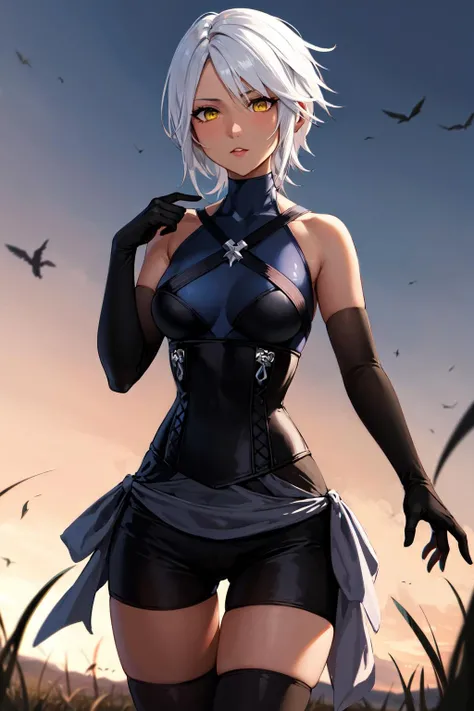 1 girl in town , with short shorts and long blouse, with a sexy look, and evil smile.