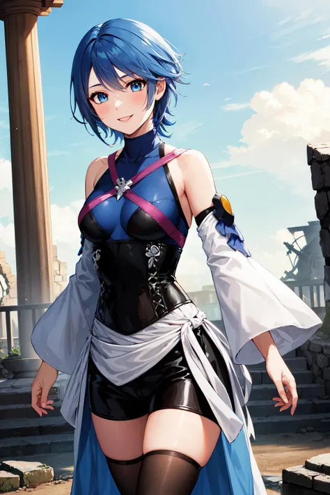 masterpiece, best quality, highres, aaaqua, short hair, blue hair, blue eyes, medium breasts, turtleneck, harness, blue shirt, detached sleeves, corset, black shorts, waist cape, black thighhighs, <lora:aqua_(kingdom_heart)_v1:0.7>,  hand on hip, smile, open mouth, bridge, blue sky