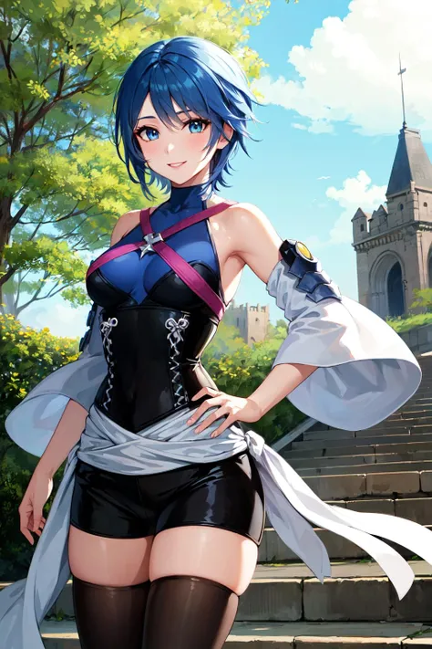 face of Catria (Fire Emblem), short hair, blue hair, headband ,1girl, solo, perfect breasts, ,earrings glossy lips ,looking at viewer, blush, large breasts, nature, pond, trees, park, long white elbow satin gloves, holding, animal ears, cleavage, bare shoulders, jewelry, very l, gentle smile, pantyhose, earrings, fake rabbit ears, leotard, fake animal ears bunny, long white elbow gloves