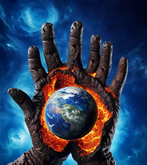 SyFyEyeHorror1, hand up, giant, blue background, no pupils, cloud, earth (planet), multiple others, mask, 1other, molten rock, <lora:SyFyEyeHorror1_XL_v1.0:1>