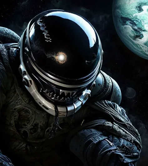 SyFyEyeHorror1, helmet, black background, realistic, planet, syfyeyehorror1 signature, hug, heart, ocean, black eyes, open mouth, <lora:SyFyEyeHorror1_XL_v1.0:1>