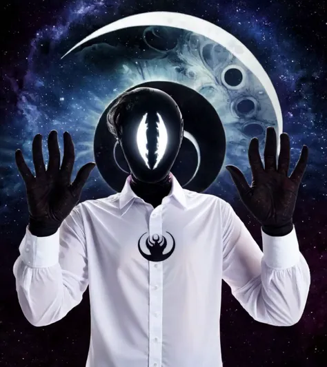 SyFyEyeHorror1, star (symbol), no humans, eye focus, robot, claws, galaxy, white shirt, open hands, horror (theme), crescent moon, <lora:SyFyEyeHorror1_XL_v1.0:1>