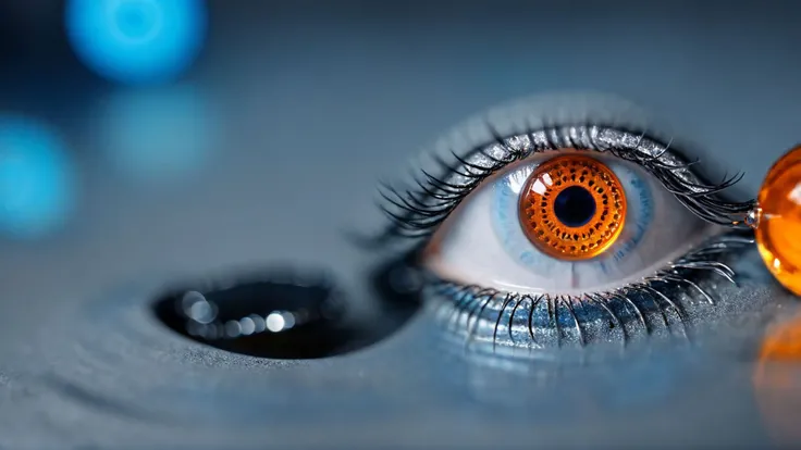 SyFyEyeHorror1, horizon, reflection, grey background, jewelry, orange theme, blue eyes, blurry background, blue eyes, light, blurry background,  <lora:SyFyEyeHorror1_XL_v1.0:1>