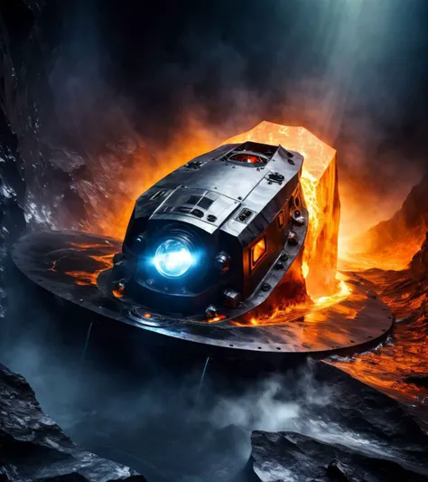 SyFyEyeHorror1, molten rock, gradient background, spacecraft, portrait, underwater, electricity, thrusters, river, space, bare shoulders,  <lora:SyFyEyeHorror1_XL_v1.0:1>