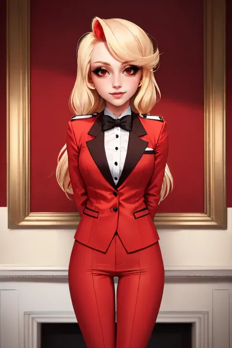 (masterpiece, best quality:1.2), solo, 1girl, charlie morningstar, colored skin, smile, looking at viewer, arms behind back, colored sclera, red jacket, bowtie, red pants <lora:hazbinhotel_morningstar_v11-10:1>