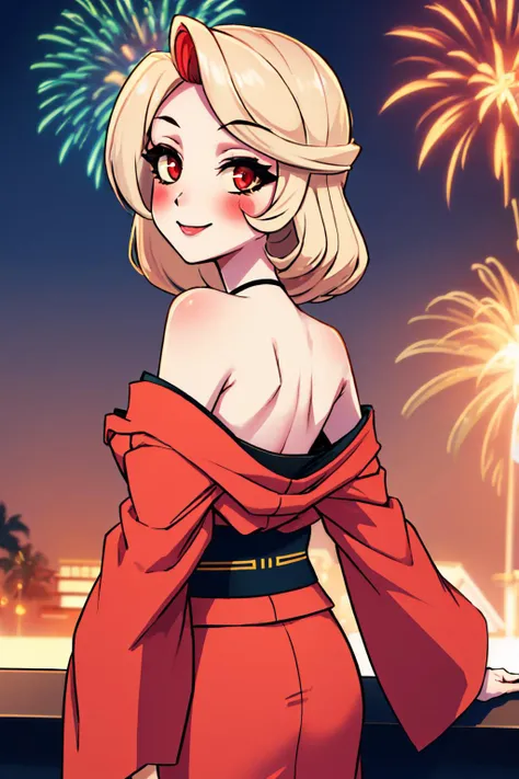 (masterpiece, best quality:1.2), solo, 1girl, charlie morningstar, colored skin, smile, looking back, colored sclera, red kimono, off shoulder, bare shoulders, fireworks <lora:hazbinhotel_morningstar_v11-10:1> <lora:OffShoulderKimono:0.8>