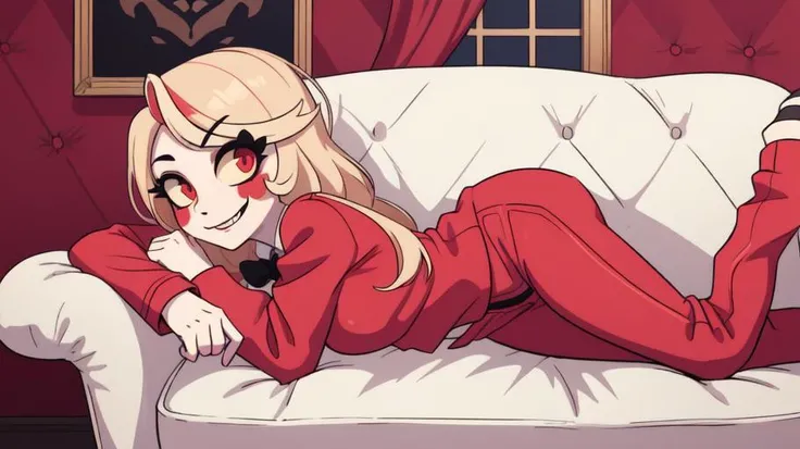 fcPortrait, (masterpiece, best quality:1.2), (solo), (1girl:1.2), (adult:1.2), (mature), attractive stunning 28-years-old woman,
hell, demonic,
couch, sofa,
lying down, on side, seductive smile, lidded eyes, looking at viewer, in love, smirk,
<lora:hazbinhotel_morningstar_v11:0.8> charlie morningstar, colored skin, colored sclera, red jacket, bowtie, red pants