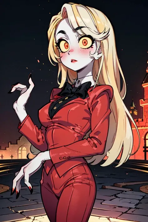 (charlie morningstar:1.2), (blonde hair, white skin, red blush, yellow sclera, red iris:1.5), long hair, (business suit, red suit, red pants, black bowtie, white undershirt:1.5), tall, slim, (dark hell themed background, hell, hell background, castle in hell, castle:1.2), red lighting, (realistic:1.2), (masterpiece:1.2), (full-body-shot:1.2),(Cowboy-shot:1.2), neon lighting, dark romantic lighting, (highly detailed:1.2),(detailed face:1.2), (gradients), colorful, detailed eyes, (detailed landscape:1.2), (natural lighting:1.2),(detailed background), detailed landscape, (glamour pose:1.2), solo, <lora:hazbin_morningstar-10:0.8> <lora:add_detail:0.15> <lora:hipoly3DModelLora_v10:0.05> <lora:RSERomantic_RSESofiko_RSEEmma-v1:0.1> <lora:BeautifulEyes:0.65> <lyco:coloredSkin-08:0.3>