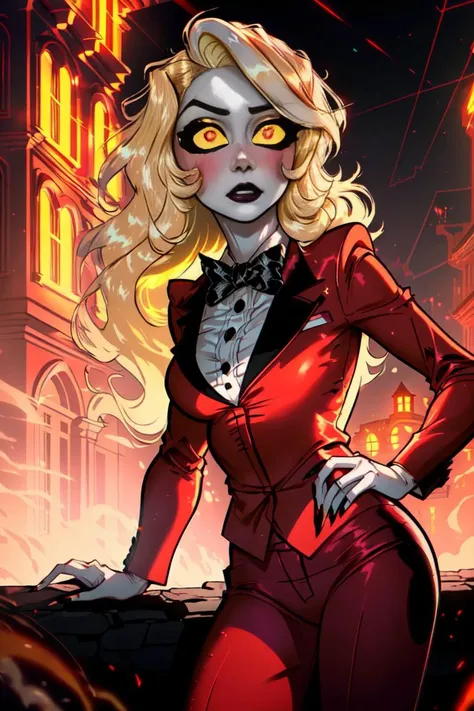 (charlie morningstar:1.2), (blonde hair, white skin, red blush, yellow sclera, red iris:1.5), long hair, (business suit, red suit, red pants, black bowtie, white undershirt:1.5), tall, slim, (dark hell themed background, hell, hell background, castle in hell, castle:1.2), red lighting, (realistic:1.2),  (masterpiece:1.2), (full-body-shot:1.2),(Cowboy-shot:1.2), neon lighting, dark romantic lighting, (highly detailed:1.2),(detailed face:1.2), (gradients), colorful, detailed eyes, (detailed landscape:1.2), (natural lighting:1.2),(detailed background), detailed landscape, (glamour pose:1.2), solo, <lora:hazbin_morningstar-10:0.8> <lora:add_detail:0.15> <lora:hipoly3DModelLora_v10:0.05>  <lora:RSERomantic_RSESofiko_RSEEmma-v1:0.1> <lora:BeautifulEyes:0.65> <lyco:coloredSkin-08:0.3>