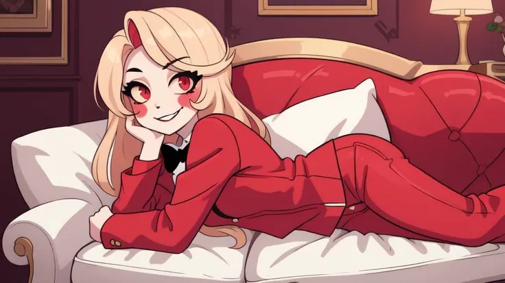 fcPortrait, (masterpiece, best quality:1.2), (solo), (1girl:1.2), (adult:1.2), (mature), attractive stunning 28-years-old woman,
hell, demonic,
couch, sofa,
lying down, on side, seductive smile, lidded eyes, looking at viewer, in love, smirk,
<lora:hazbinhotel_morningstar_v11:0.8> charlie morningstar, colored skin, colored sclera, red jacket, bowtie, red pants