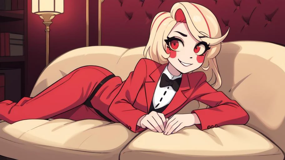 fcPortrait, (masterpiece, best quality:1.2), (solo), (1girl:1.2), (adult:1.2), (mature), attractive stunning 28-years-old woman,
hell, demonic,
couch, sofa,
lying down, on side, seductive smile, lidded eyes, looking at viewer, in love, smirk,
<lora:hazbinhotel_morningstar_v11:0.8> charlie morningstar, colored skin, colored sclera, red jacket, bowtie, red pants