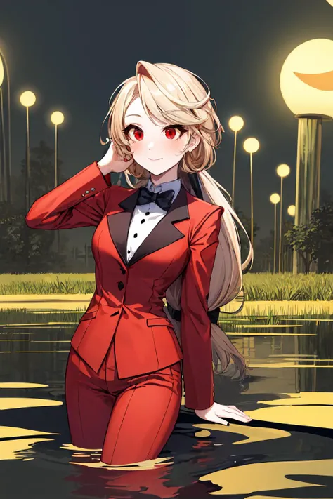 masterpiece, best quality, highres, 1girl, adult female:1.3, solo, charlie morningstar, colored skin, blonde hair, red eyes, colored sclera, red jacket, bowtie, red pants, <lora:hazbinhotel_morningstar_v11:0.8>, radioactive marshland, glowing sludge, distorted flora, mutated wildlife, <lora:add_detail:0.5>