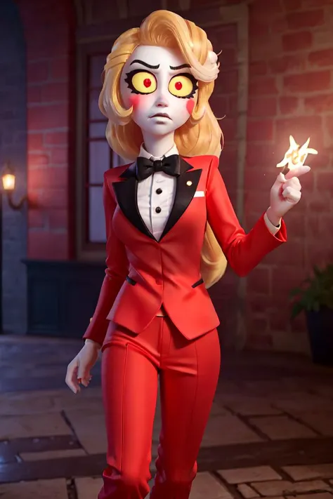 (charlie morningstar:1.2), (blonde hair, white skin, red blush, yellow sclera, red iris:1.5), long hair, (business suit, red suit, red pants, black bowtie, white undershirt:1.5), tall, slim, (dark hell themed background, hell, hell background, castle in hell, castle:1.2), red lighting, (realistic:1.2), (masterpiece:1.2), (full-body-shot:1.2),(Cowboy-shot:1.2), neon lighting, dark romantic lighting, (highly detailed:1.2),(detailed face:1.2), (gradients), colorful, detailed eyes, (detailed landscape:1.2), (natural lighting:1.2),(detailed background), detailed landscape, (glamour pose:1.2), solo, <lora:hazbin_morningstar-10:0.8> <lora:add_detail:0.15> <lora:hipoly3DModelLora_v10:0.05> <lora:RSERomantic_RSESofiko_RSEEmma-v1:0.1> <lora:BeautifulEyes:0.65> <lyco:coloredSkin-08:0.3>