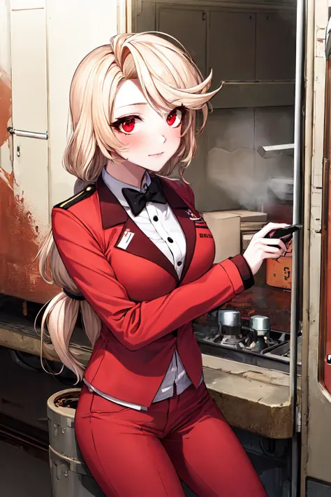 masterpiece, best quality, highres, 1girl, adult female, solo, charlie morningstar, colored skin, blonde hair, red eyes, colored sclera, red jacket, bowtie, red pants, <lora:hazbinhotel_morningstar_v11:1.0>, rusted oil rig, creaking metal, toxic spills, remnants of an industrial past, <lora:add_detail:0.5>
