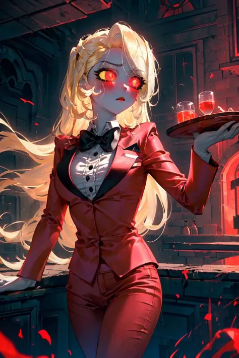 (charlie morningstar:1.2), (blonde hair, white skin, red blush, yellow sclera, red iris:1.5), long hair, (business suit, red suit, red pants, black bowtie, white undershirt:1.5), tall, slim, (dark hell themed background, hell, hell background, castle in hell, castle:1.2), red lighting, (realistic:1.2), (masterpiece:1.2), (full-body-shot:1.2),(Cowboy-shot:1.2), neon lighting, dark romantic lighting, (highly detailed:1.2),(detailed face:1.2), (gradients), colorful, detailed eyes, (detailed landscape:1.2), (natural lighting:1.2),(detailed background), detailed landscape, (glamour pose:1.2), solo, <lora:hazbin_morningstar-10:0.8> <lora:add_detail:0.15> <lora:hipoly3DModelLora_v10:0.05> <lora:RSERomantic_RSESofiko_RSEEmma-v1:0.1> <lora:BeautifulEyes:0.65> <lyco:coloredSkin-08:0.3>