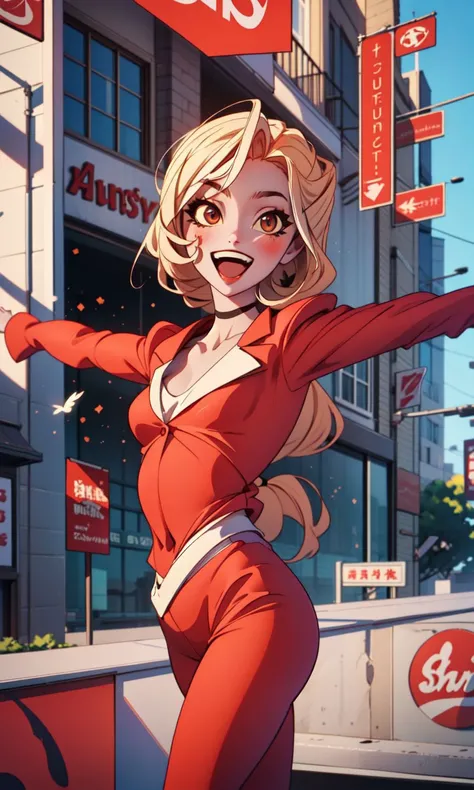 (masterpiece, best quality:1.2),<lora:hazbin_morningstar-10:0.8>,cowboy shot,solo,1girl,charlie morningstar,\:d,looking at viewer,outstretched arms,long hair,red suit,red pants,city background,