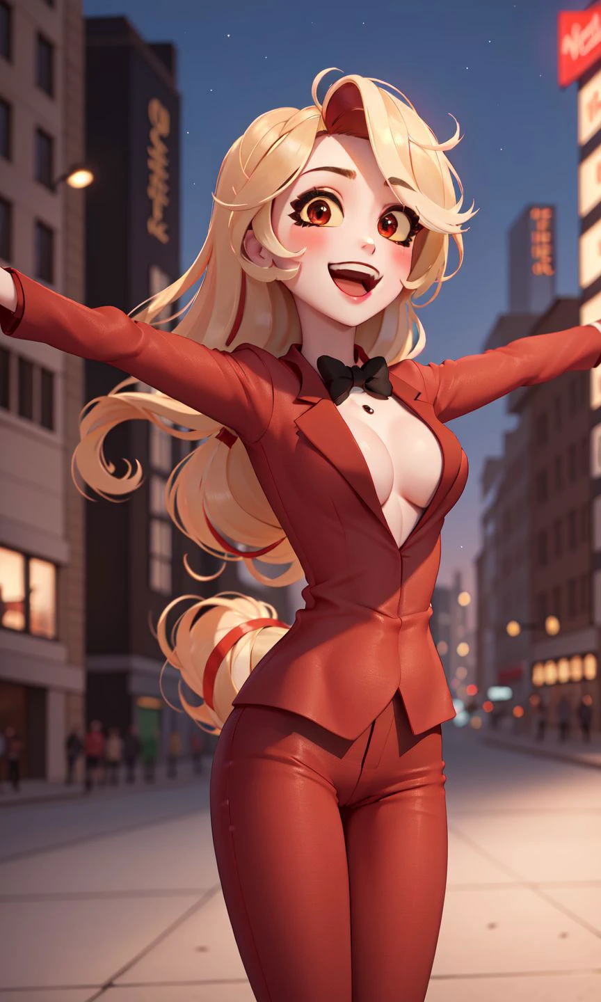 (masterpiece, best quality:1.2),<lora:hazbin_morningstar-10:0.8>,cowboy shot,solo,1girl,charlie morningstar,\:d,looking at viewer,outstretched arms,long hair,red suit,red pants,city background,