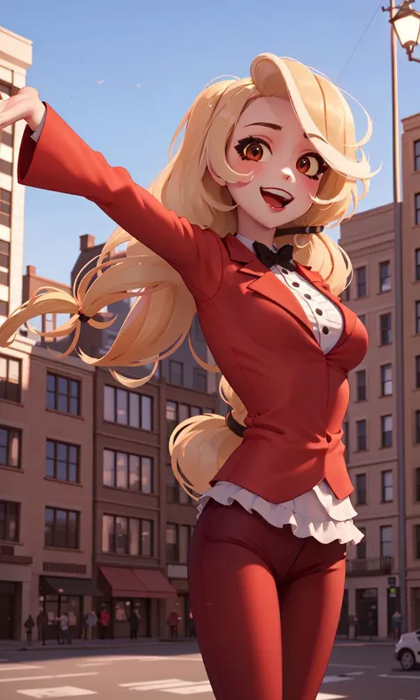 (masterpiece, best quality:1.2),<lora:hazbin_morningstar-10:0.8>,cowboy shot,solo,1girl,charlie morningstar,\:d,looking at viewer,outstretched arms,long hair,red suit,red pants,city background,