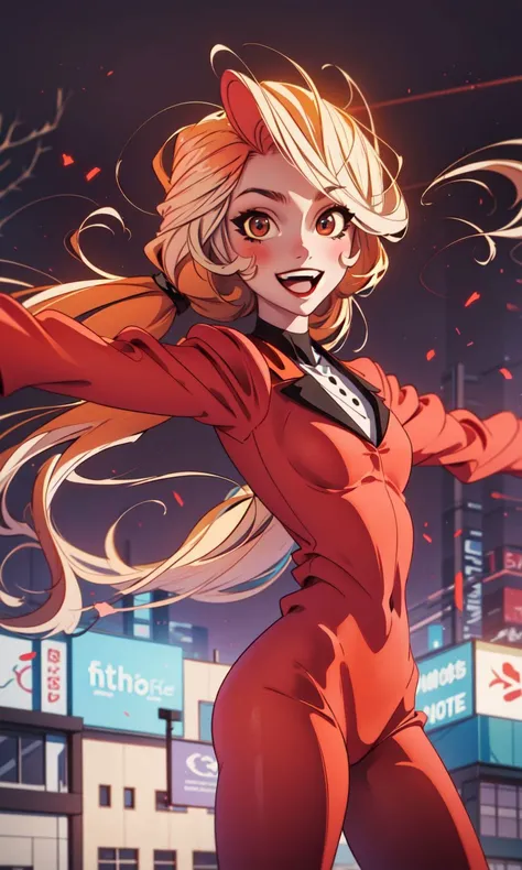 (masterpiece, best quality:1.2),<lora:hazbin_morningstar-10:0.8>,cowboy shot,solo,1girl,charlie morningstar,\:d,looking at viewer,outstretched arms,long hair,red suit,red pants,city background,