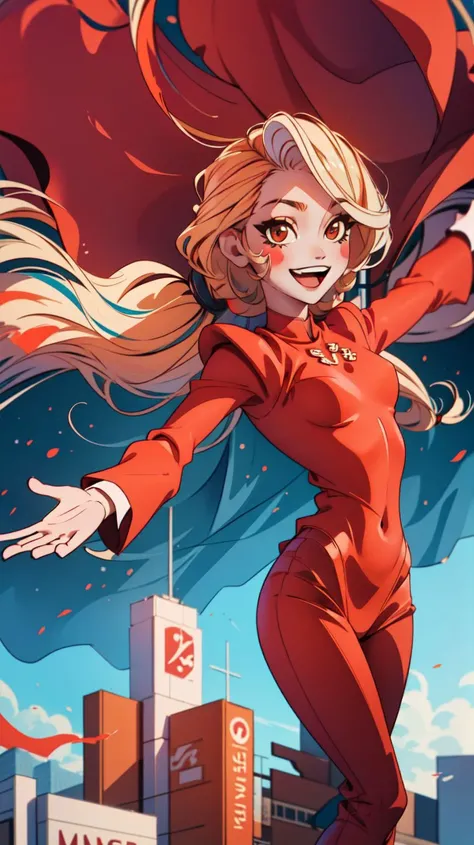(masterpiece, best quality:1.2),<lora:hazbin_morningstar-10:0.8>,cowboy shot,solo,1girl,charlie morningstar,\:d,looking at viewer,outstretched arms,long hair,red suit,red pants,city background,