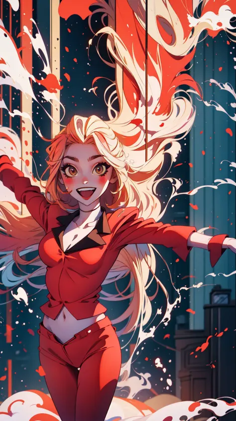 (masterpiece, best quality:1.2),<lora:hazbin_morningstar-10:0.8>,cowboy shot,solo,1girl,charlie morningstar,\:d,looking at viewer,outstretched arms,long hair,red suit,red pants,city background,