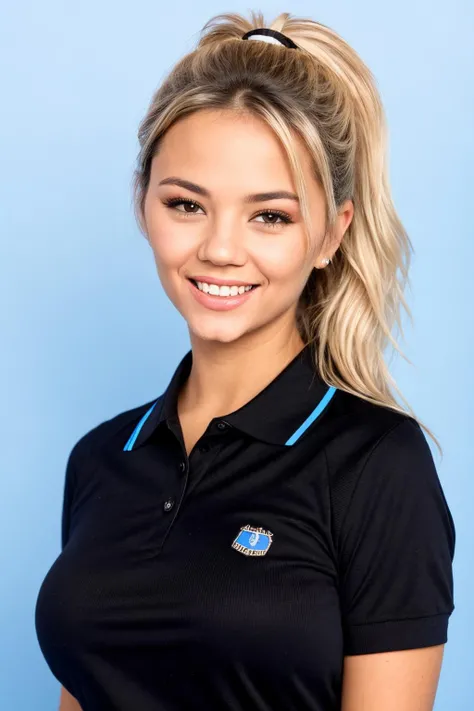 close up portrait photograph of ash1ynn, a woman with a black polo shirt smiling for a picture in a studio photo with (a blue background:1.3), hair in a ponytail, id photo, high school background, depth of field, f22, <lora:ash1ynn_SD15:1>, detailed skin texture, (blush:0.5), (goosebumps:0.5), subsurface scattering