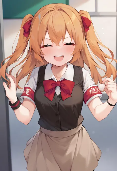 score_9, score_7_up, 1girl,
shirt, solo, red bowtie, ribbon, brown skirt, vest, bow, teeth, blush, closed eyes, orange hair, :d, bowtie, facing viewer, round teeth, skirt, armband, v-shaped eyebrows, smile, sleeve ribbon, happy, red armband, wristband, two side up, hair between eyes, cowboy shot, white ribbon, ^_^, white shirt, hair ornament, black vest, red bow, open mouth, hair ribbon
<lora:hecha_(01964237)-Style-PonyXL-DoRA-000044:1>