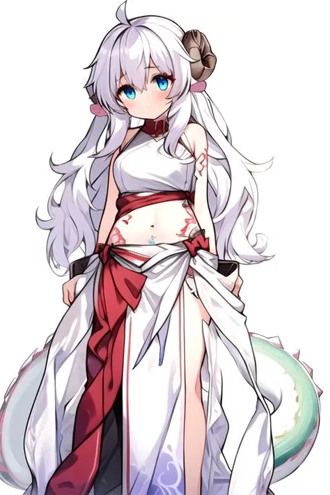 1girl,<lora:dragonian_race:0.9>,(dragon girl:0.7),white hair,long hair,(2 curled_horns,dragon_horns),blue eyes,standing,white_background,(pelvic_curtain:1.1),arms behind back,(pink stomach tattoo:0.7),1 white dragon tail,stomach cutout,