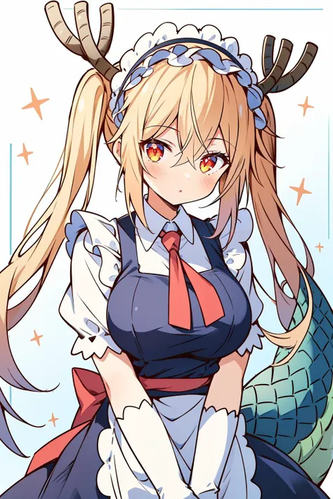 (masterpiece, best quality),  intricate details,
1girl,   <lora:Tohru-10:0.8> tohru, 1girl, long hair, horns, dragon horns, solo, dragon girl, twintails, looking at viewer, maid headdress, slit pupils, large breasts, maid, gloves, white gloves, hair between eyes, tail, dragon tail, short sleeves, dress, scales