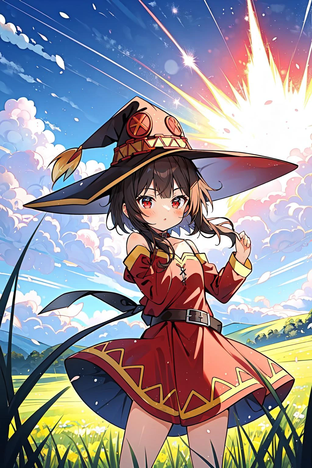(masterpiece, best quality), intricate details,
1girl, <lora:megumin-10:0.8> megumin, short hair, dress, red dress, hat, witch hat, belt
outdoors, grass, field, meadow, wind, crater, explosion,